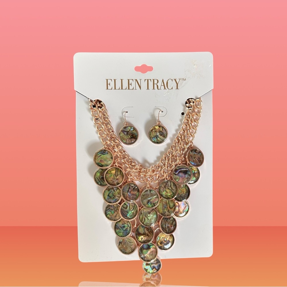 Ellen Tracy Goldtone & Abalone Statement Necklace & Earrings Set NWT